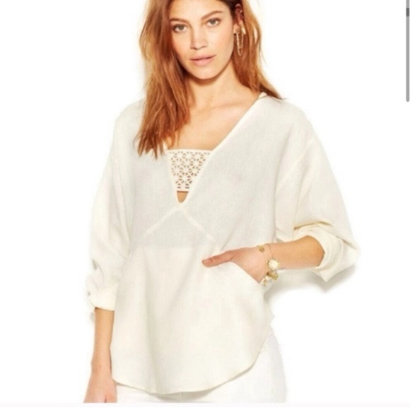 Free People Tops - FREE PEOPLE Boho Linen Just Cruisin Pullover Blouse V-Neck in Ivory Size XS